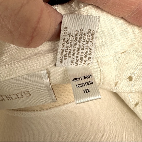 Chico’s White Denim Jean Jacket w/Eyelet  3/4 Length Sleeves & Trim Chico’s Sz L - Picture 8 of 9